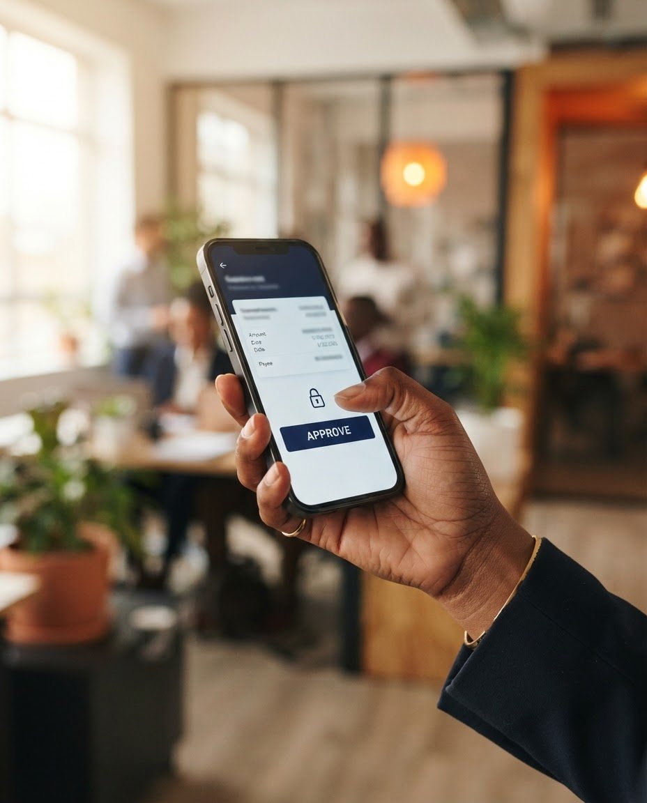 Hand holding a phone to approve an expense in an office