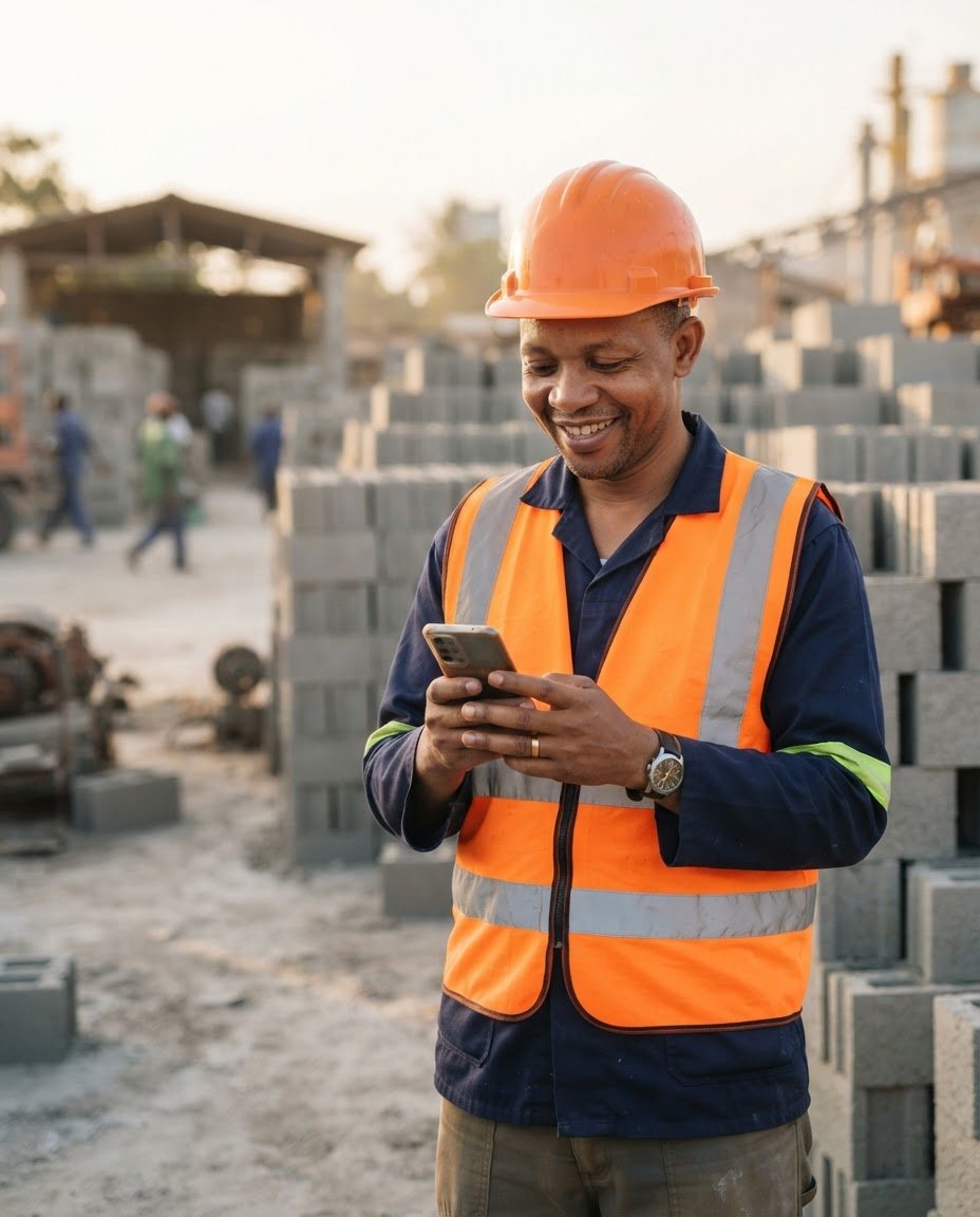 Factory owner smiling at his phone with workers behind him
