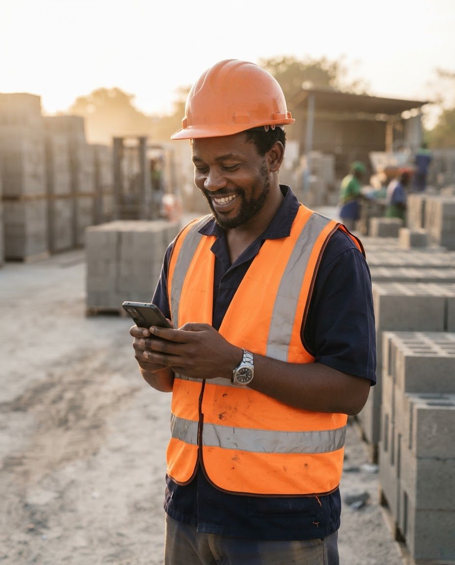 Factory owner in a hard hat checking his phone in a block yard